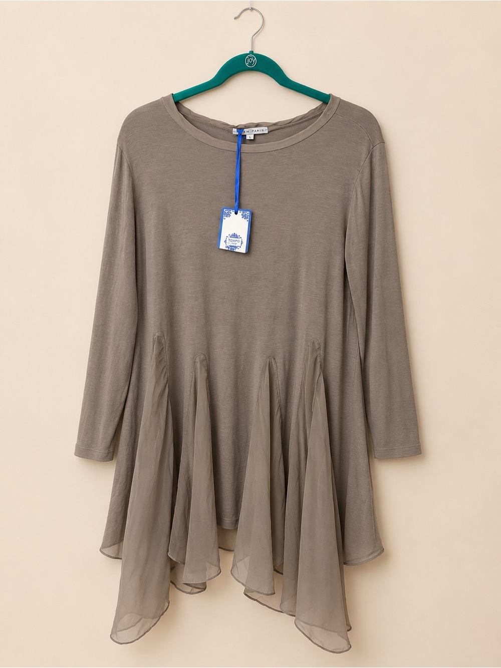 Tempo Paris Taupe Crewneck Top with Sheer Trim